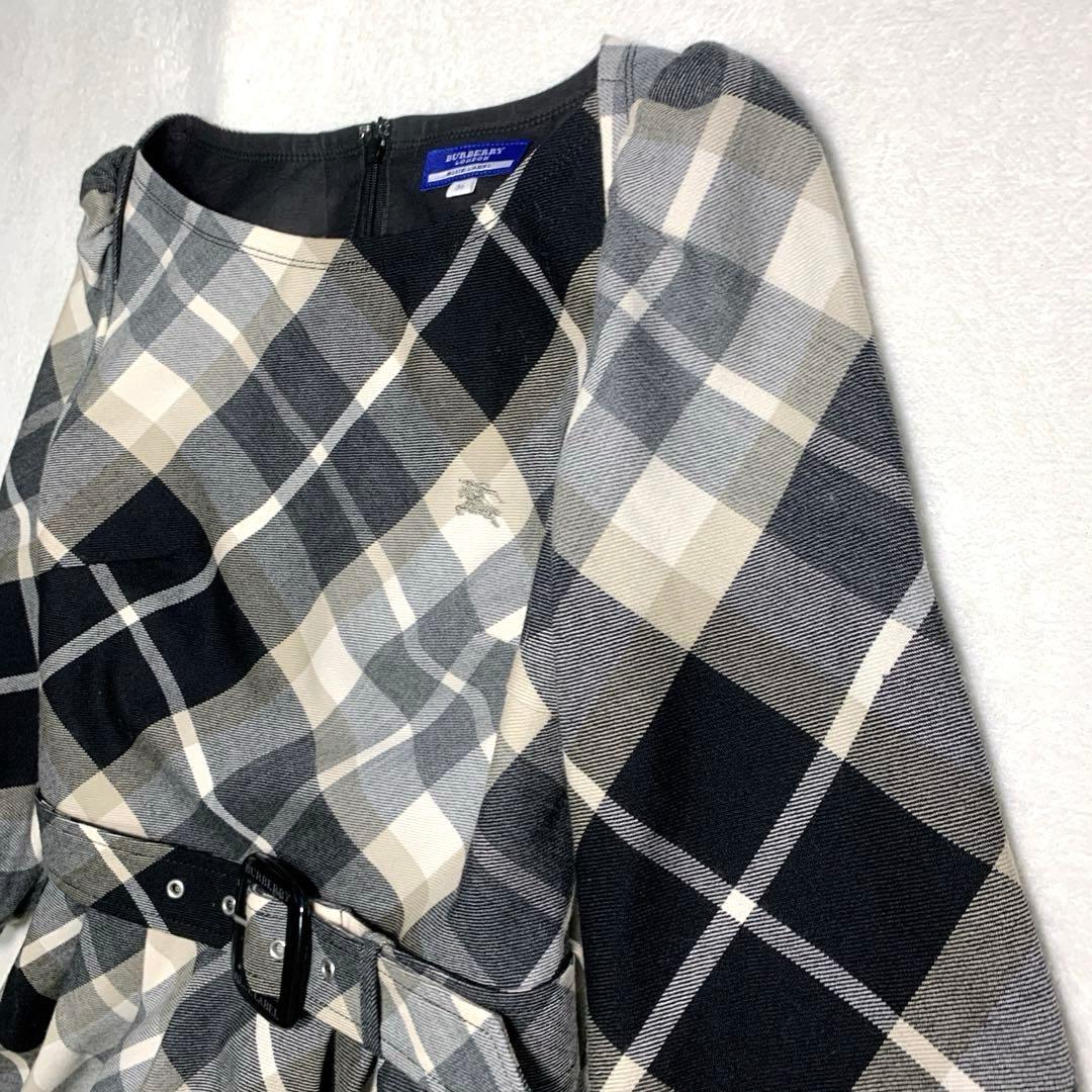 バーバリー　フレアワンピース　Ｓ　黒ノバチェック　毛　ウエストベルト　ホースロゴ