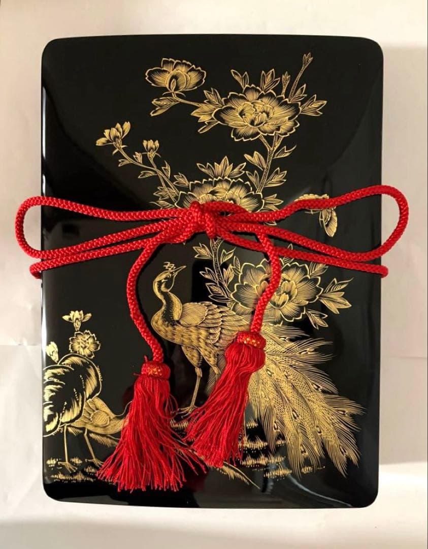 清仙作 黒塗り沈金文箱 牡丹孔雀柄 未使用に近い 箱・布付き和室 書道 茶道
