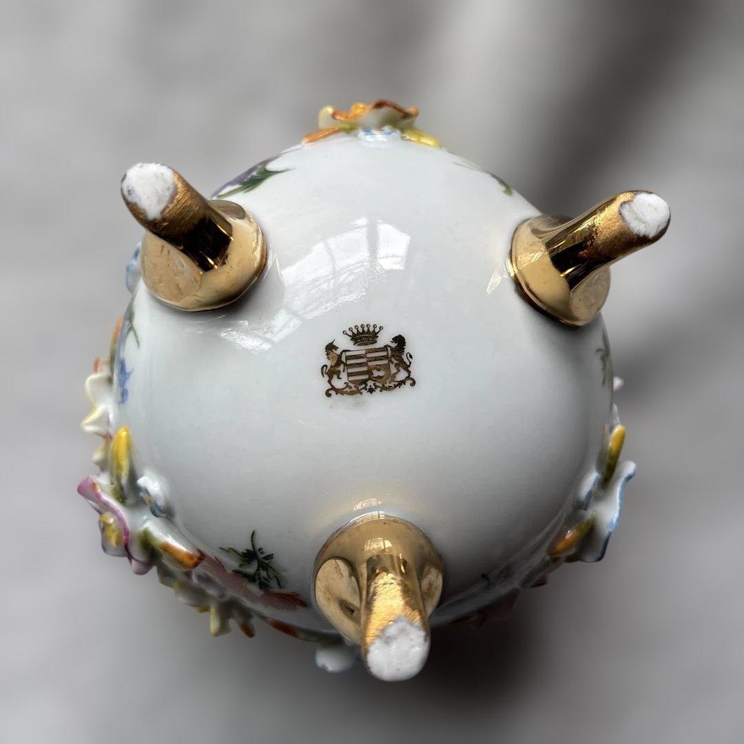 ドイツ ドレスデン風 陶器 花装飾 卵型 花器 金彩 脚付き ヴィンテージ