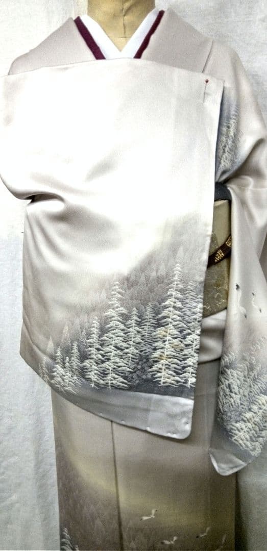 高級付け下げ、シルバー、山水柄、未使用