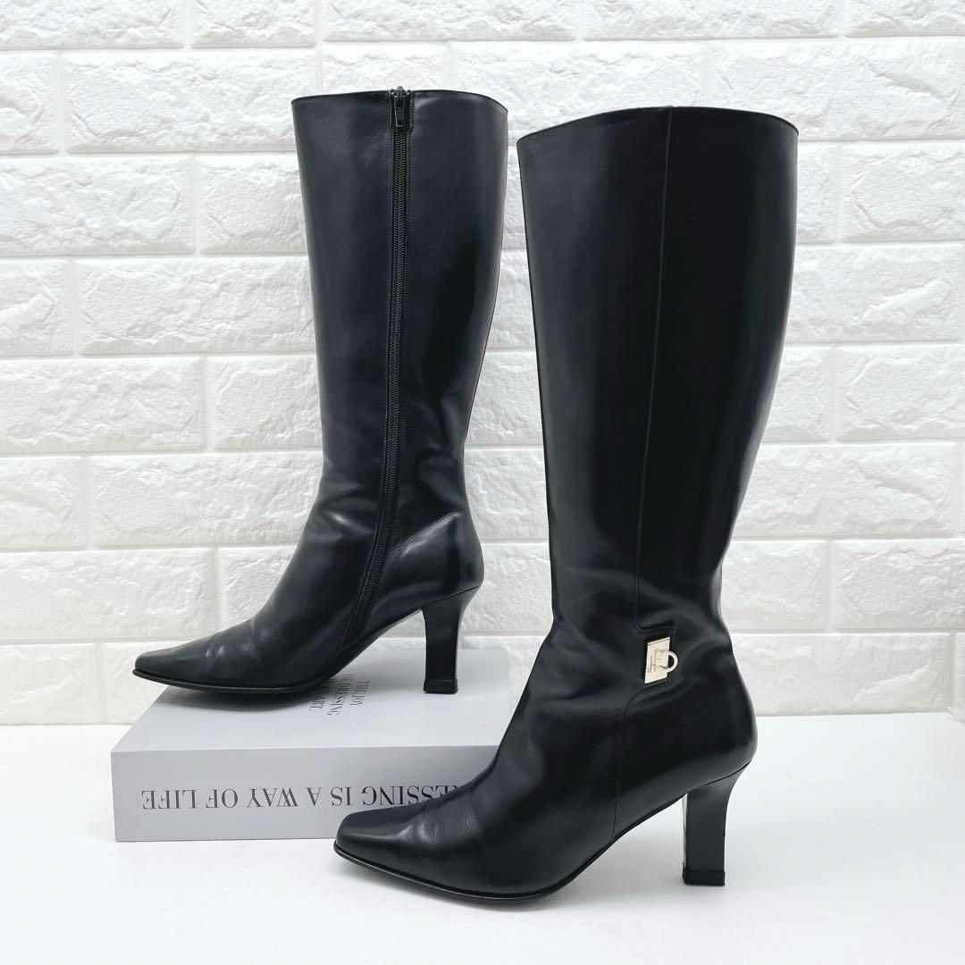 サルヴァトーレ フェラガ ロングブーツ ガンチーニ レザー ブラック23.5cm