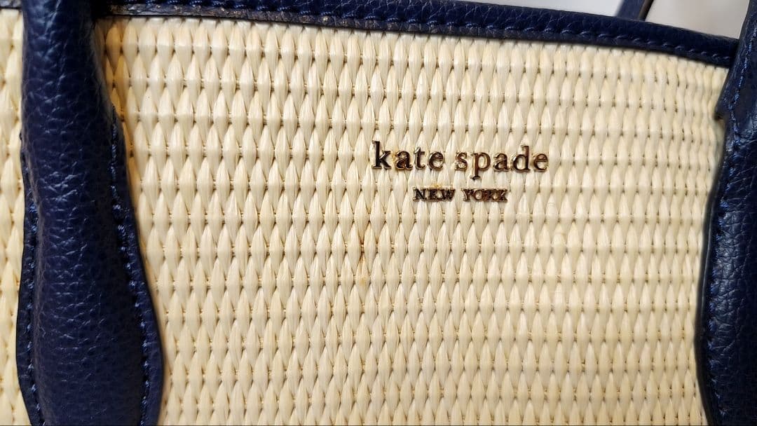 kate spade バッグ アイボリー/ネイビー　カゴ編み風トートバッグ　希少