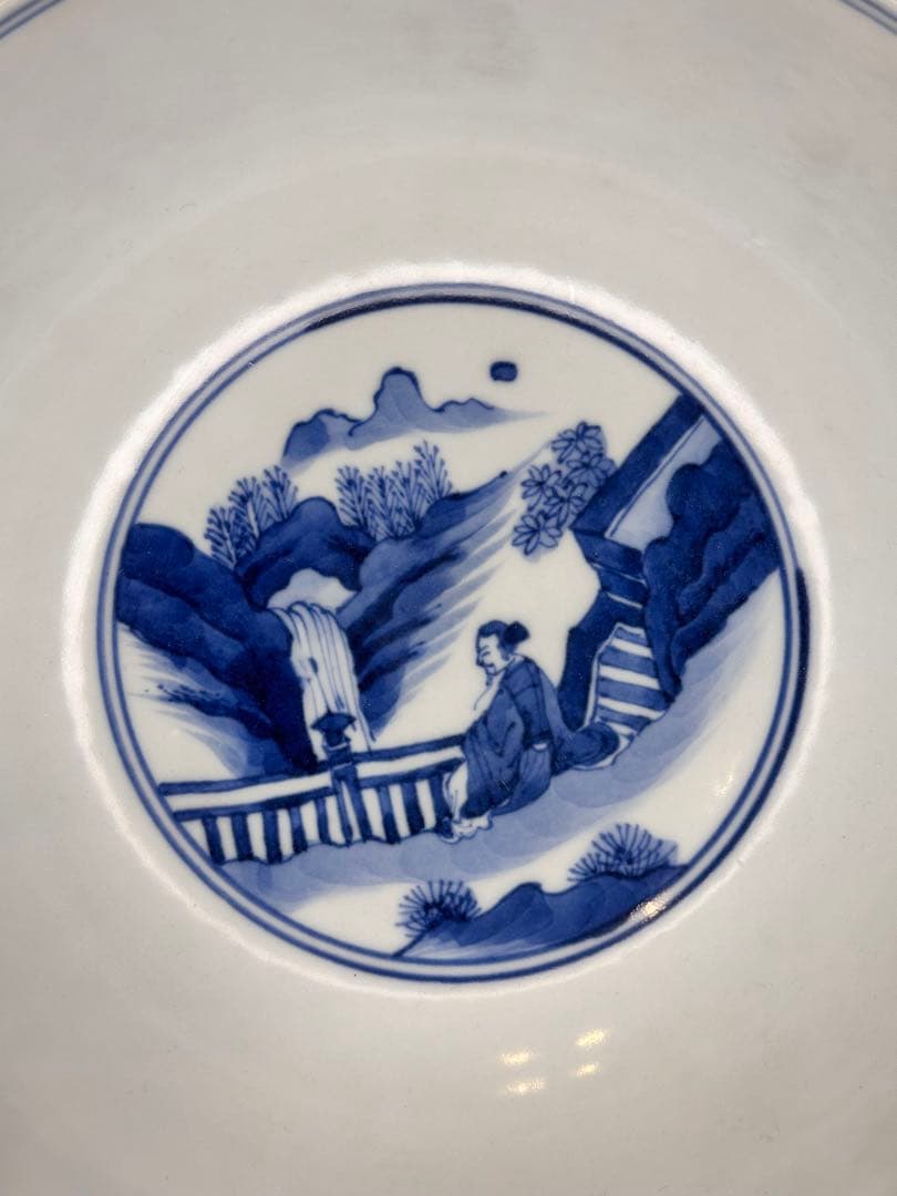本mercy専用　中国清時代 大明成化年製青花染付狩猟図碗 古陶磁骨董品染め付け