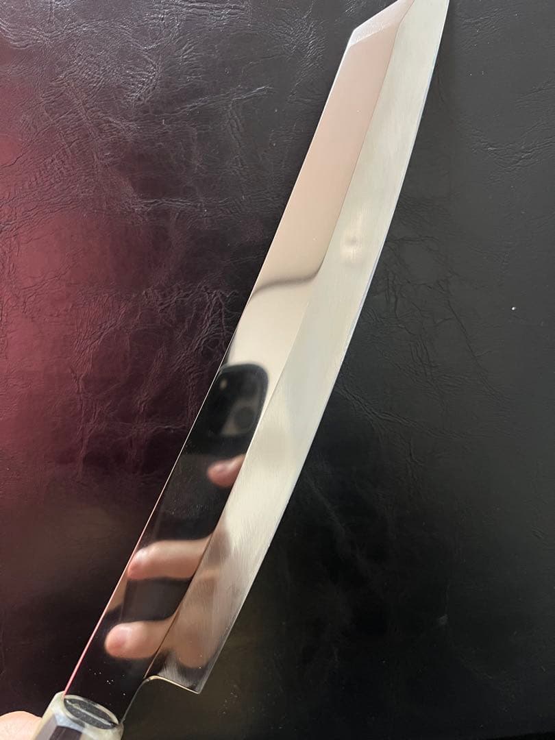 【限定特価】【鏡面・本刃付】8寸 切付柳刃(反り付) 黒檀色水牛柄 鞘付き