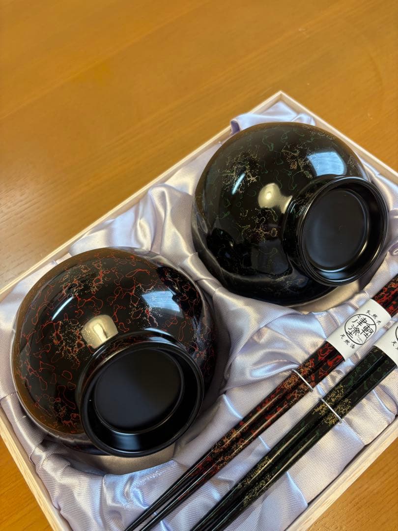 津軽塗　夫婦汁椀、箸セット