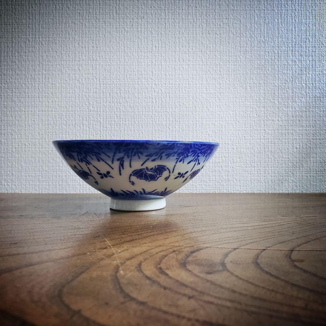 茶碗 ご飯茶碗 染付 印判 希少 コウモリ 大正 昭和初期 貫入