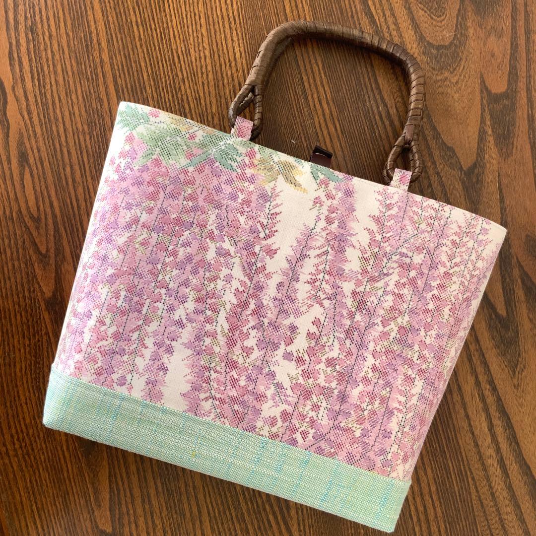 大島紬　満開の藤の花　リメイク　胡桃皮ハンドルバッグ