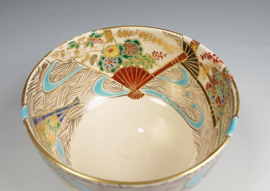 京焼 与山窯 小川由雄 仁清扇面草花茶碗 茶道具