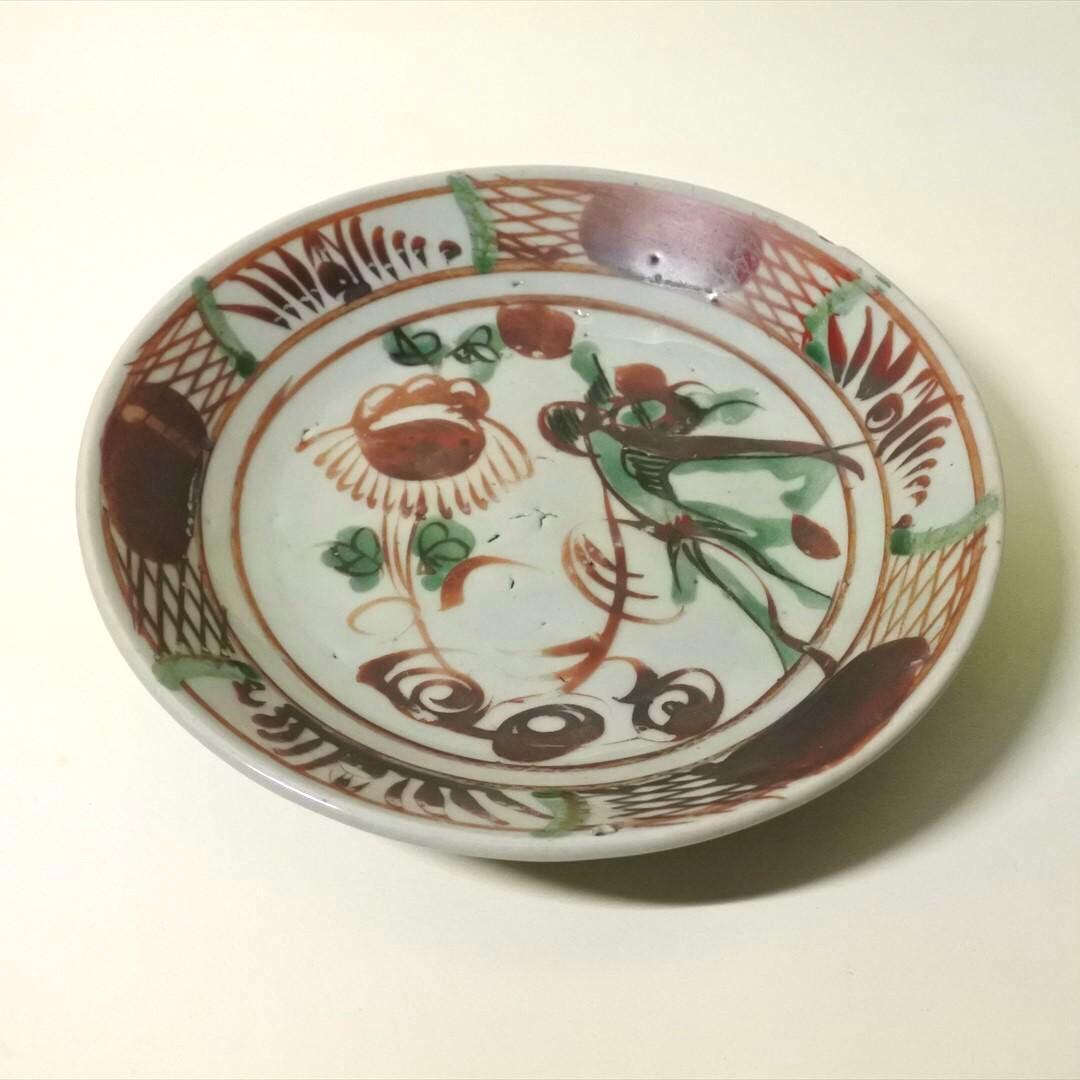 中国　明末清初　呉須赤絵　鳥　草花　中皿　骨董品　アンティーク