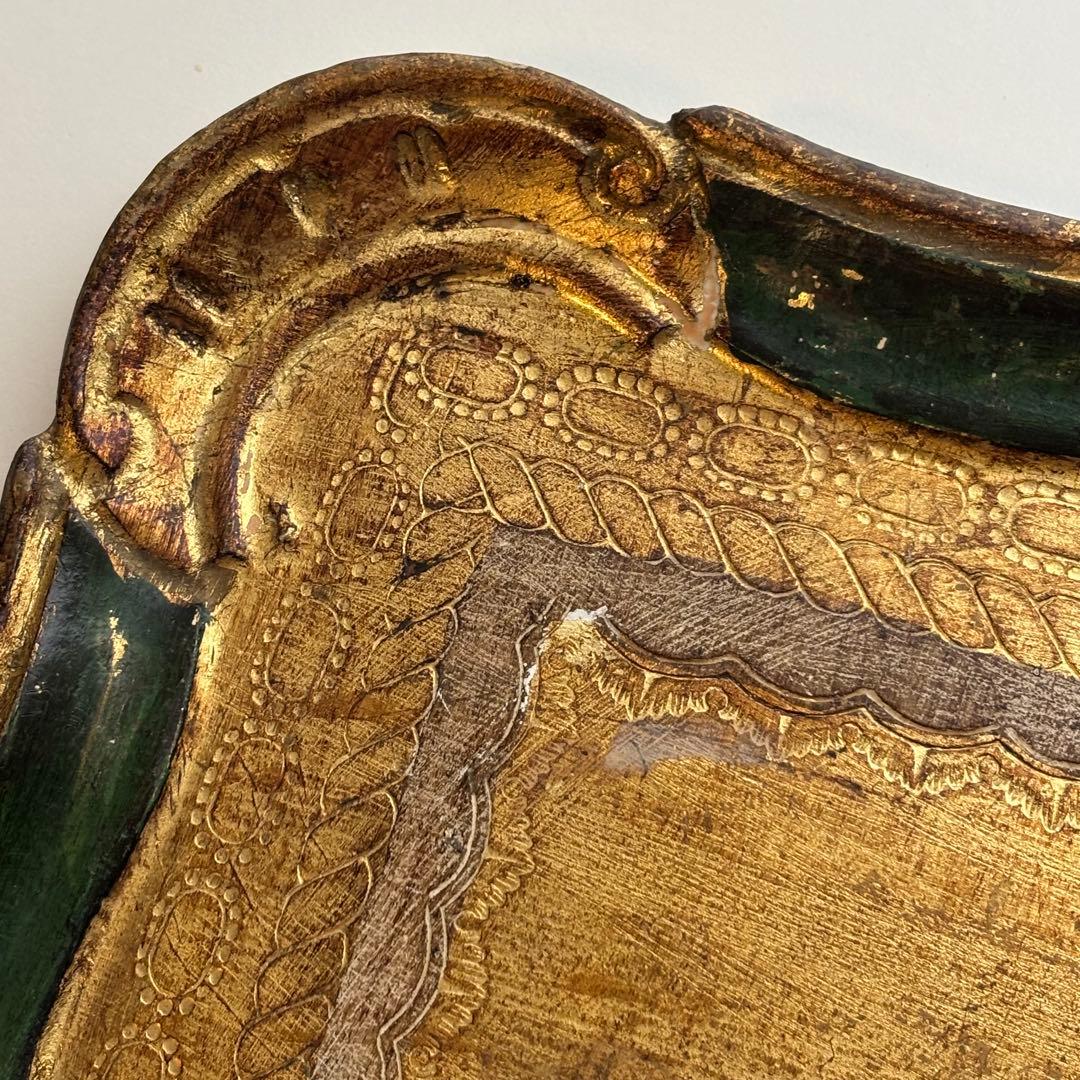 【イタリア】ヴィンテージ 木製 トレイ フロレンタイン 金色 深緑 大きめ