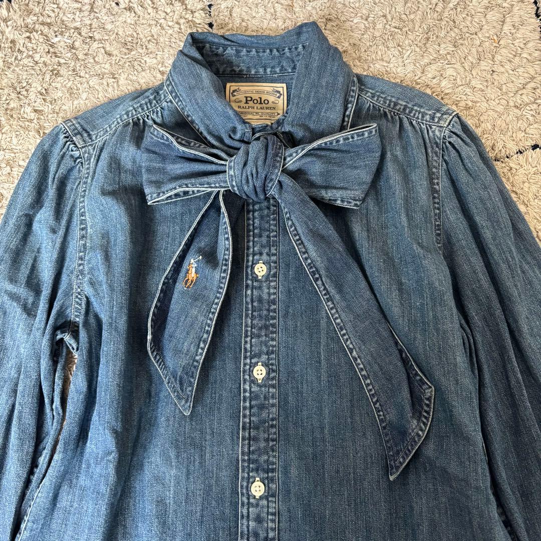 【極美品✨】ポロラルフローレン　シャツ　ボウタイ　ポニー刺繍　インディゴ　８
