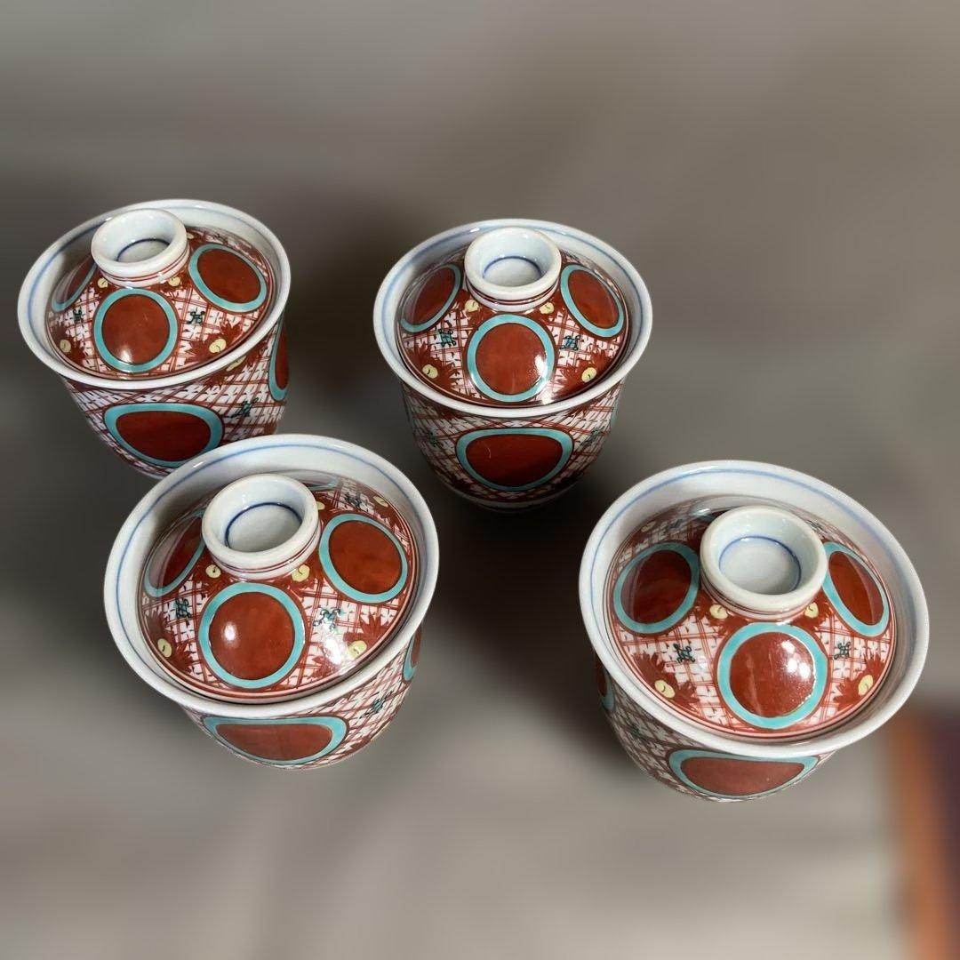 【源右衛門】古伊万里の伝統　日本の名窯　舘林源右衛門作　錦赤絵丸紋　小吸物碗四客