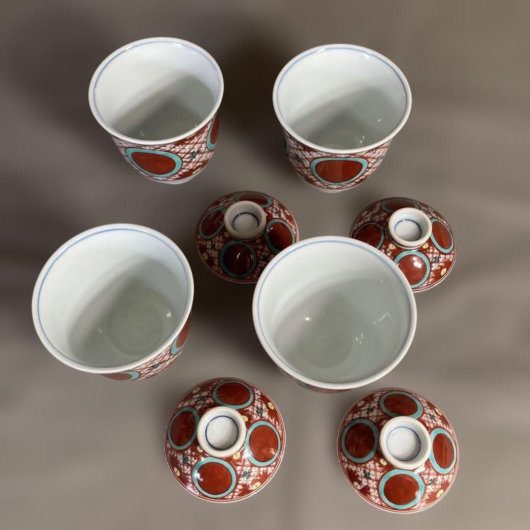 【源右衛門】古伊万里の伝統　日本の名窯　舘林源右衛門作　錦赤絵丸紋　小吸物碗四客