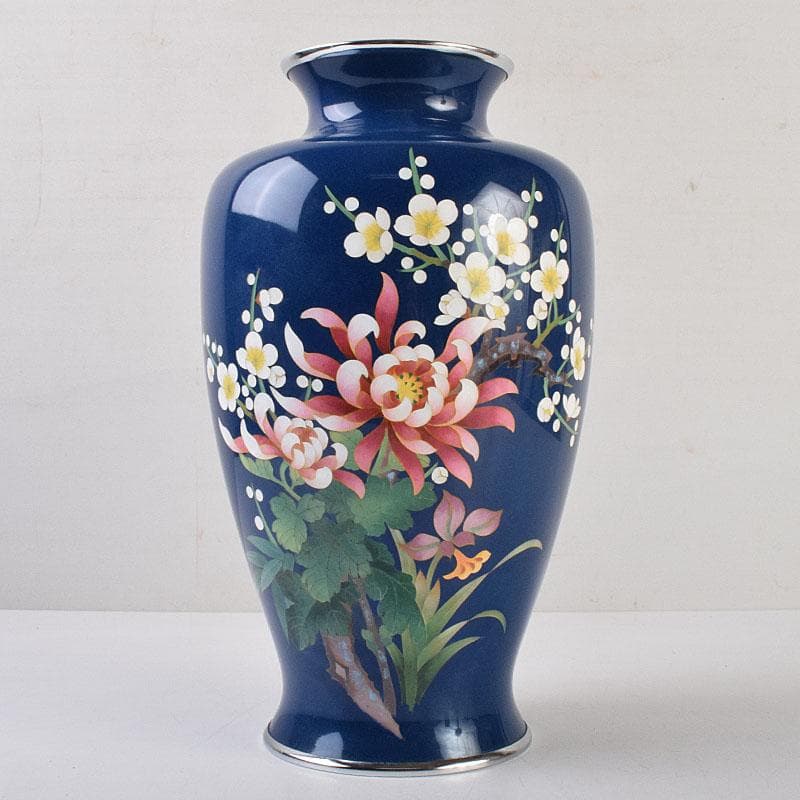 七宝焼　紺釉　四君子文　花瓶　共箱　F　R9167