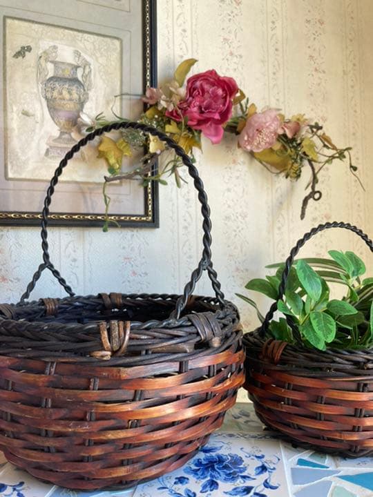 予約品★ジャパネスクバンブーバスケット大小2個セットアイアン取っ手ヴィンテージ