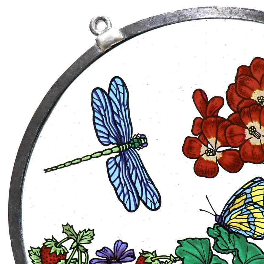 昆虫と花とイチゴ ヴィンテージ ステンドグラス 蜻蛉 ミツバチ 蝶々