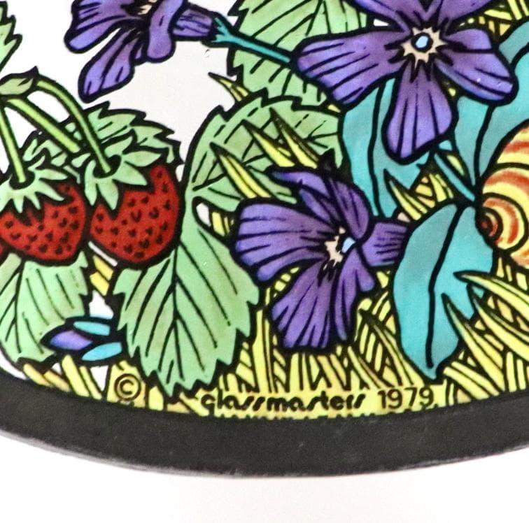 昆虫と花とイチゴ ヴィンテージ ステンドグラス 蜻蛉 ミツバチ 蝶々