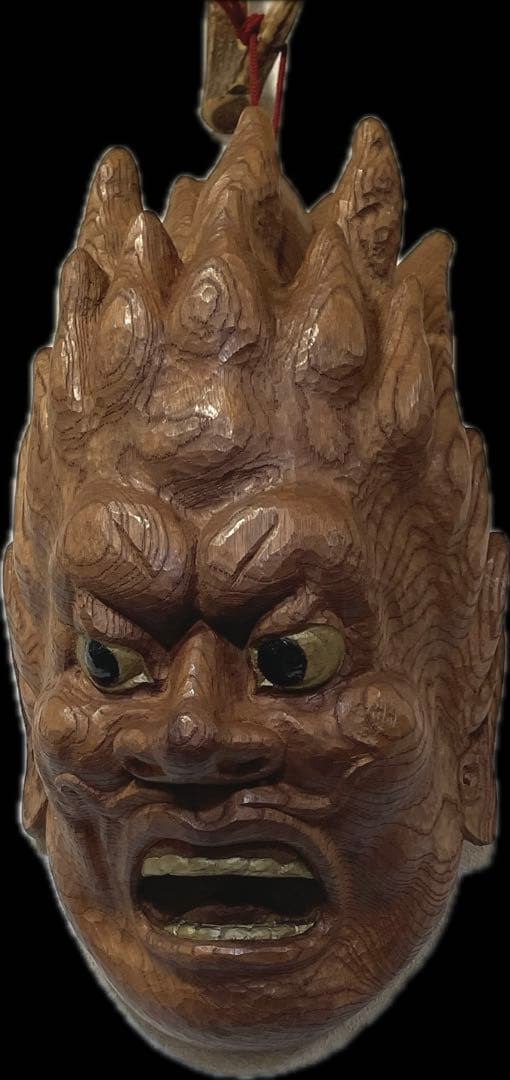 木彫り手彫り　肥松　風神雷神　怒り面