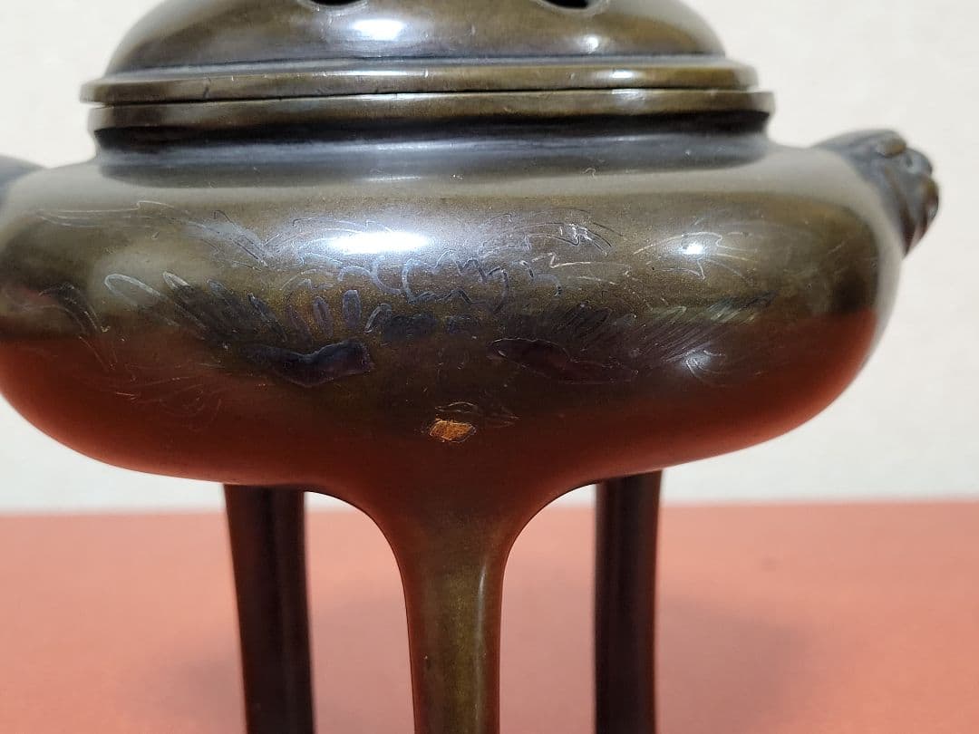 明治期 極上 宣徳銅製 麒麟摘蓋金銀象嵌鳳凰図 三足高足 香炉煎茶道具中国古玩