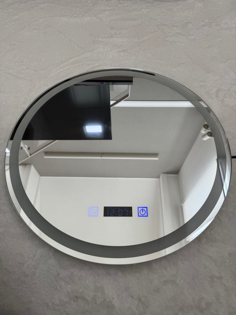 【美品】LEDライト付きミラー 直径50cm三段階調 光＋曇り止め機能付き壁掛け