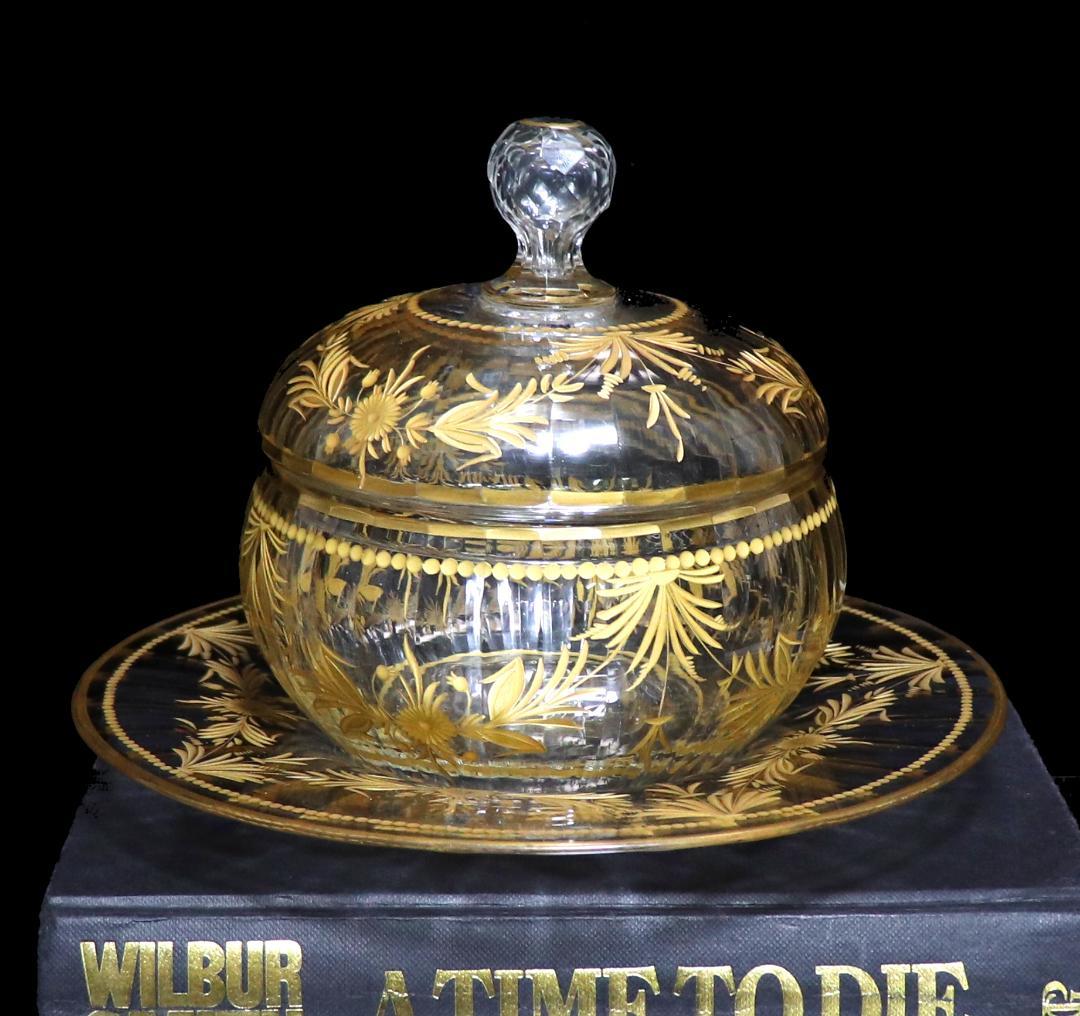 オールド・バカラ 最高級 1900年頃 金彩花柄 大型 蓋物&ソーサー 小物入れ