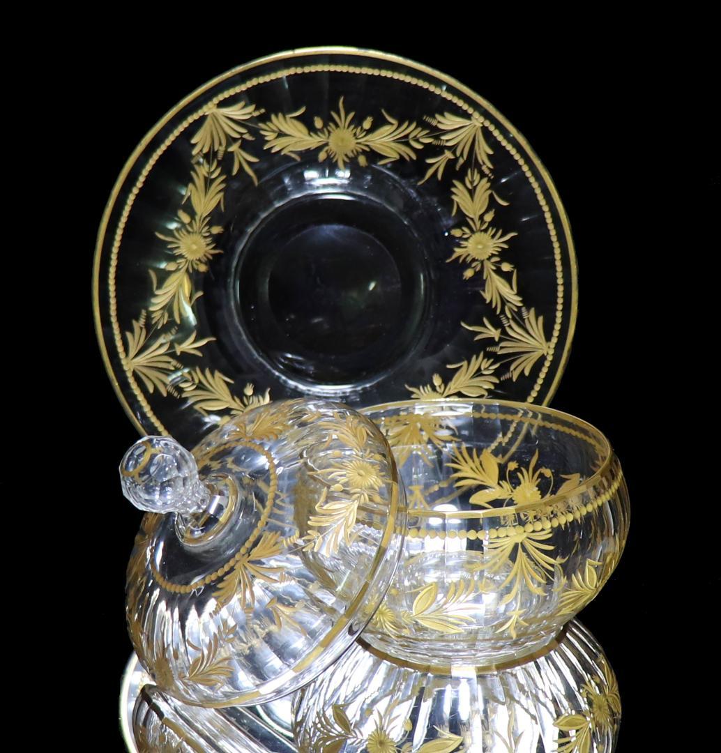 オールド・バカラ 最高級 1900年頃 金彩花柄 大型 蓋物&ソーサー 小物入れ