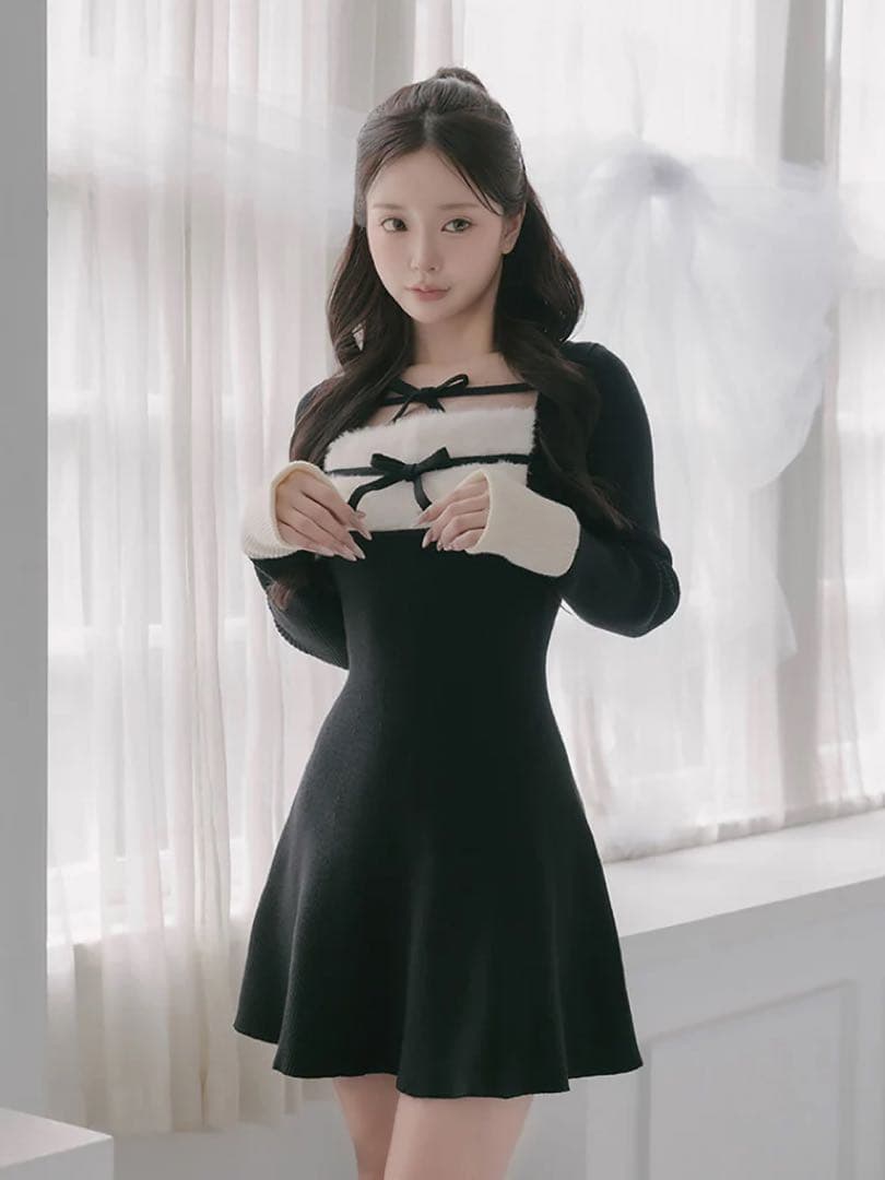 リボンファーフレアニットミニワンピース　ダーリッチ darich F