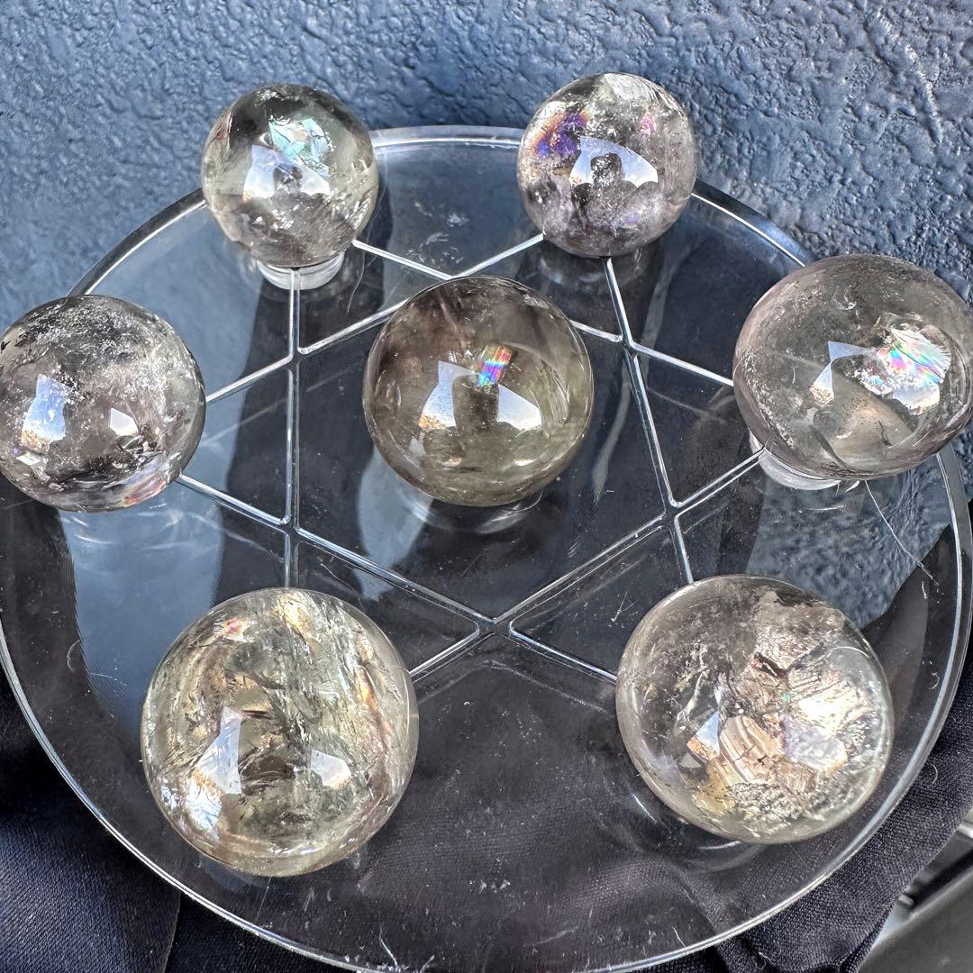 七星陣 【金運· 魔除 ·浄化】レインボー☆スモーキークォーツ丸玉水晶A1181