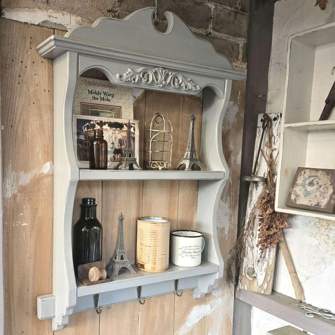 フレンチアンティークシャビー壁掛けシェルフ　ワイド450グレー　モール