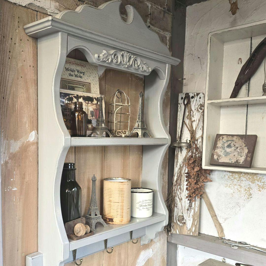 フレンチアンティークシャビー壁掛けシェルフ　ワイド450グレー　モール