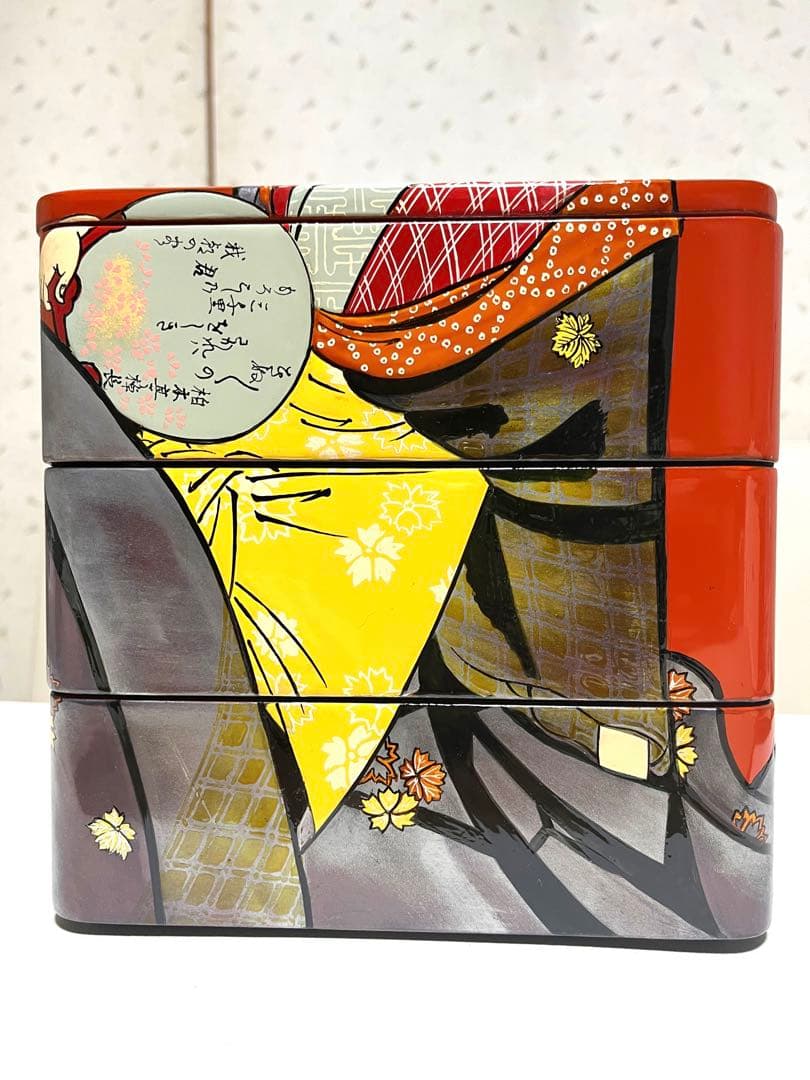 会津塗 木製三段重 朱漆 浮世絵 手書 蒔絵 うるし絵・会津絵　珍品