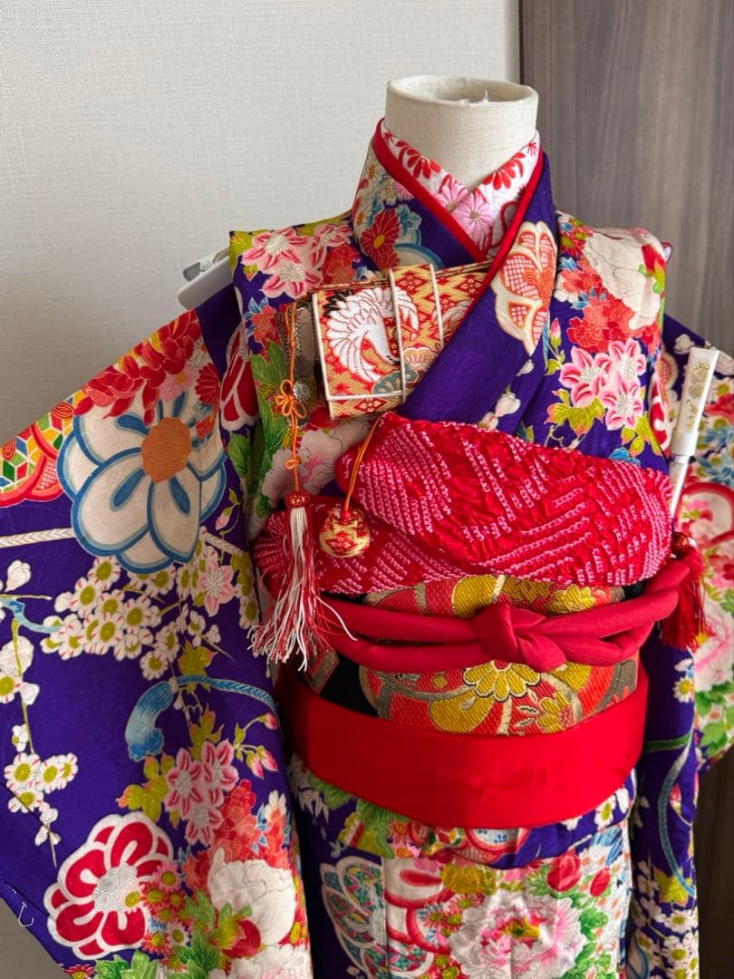 七五三に★正絹青紫色に八重梅　四季花々　五歳、七歳の着物セット