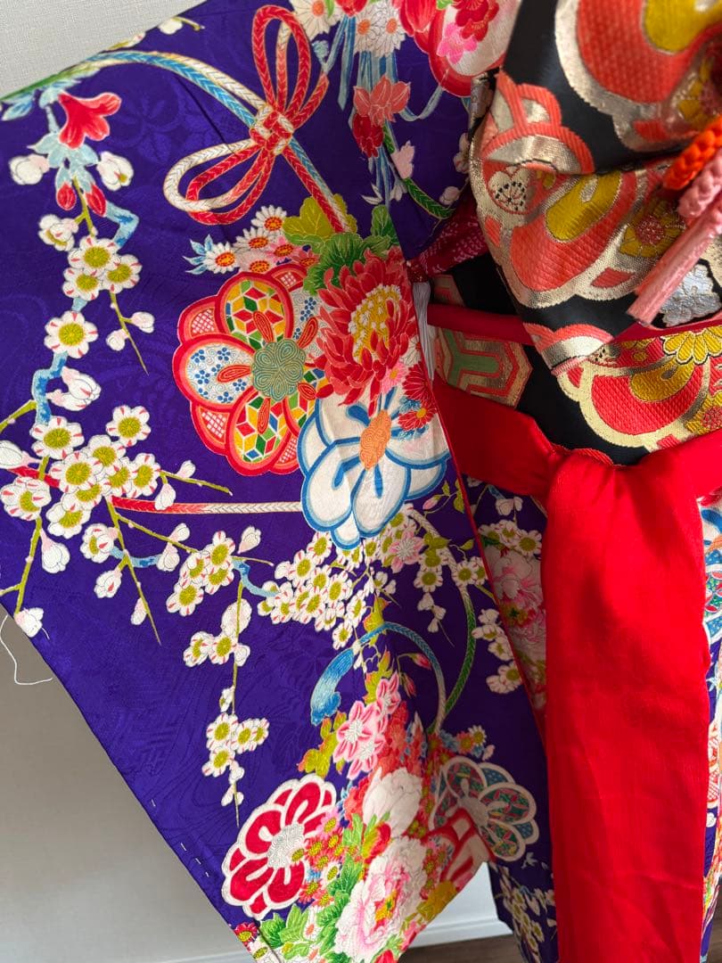 七五三に★正絹青紫色に八重梅　四季花々　五歳、七歳の着物セット