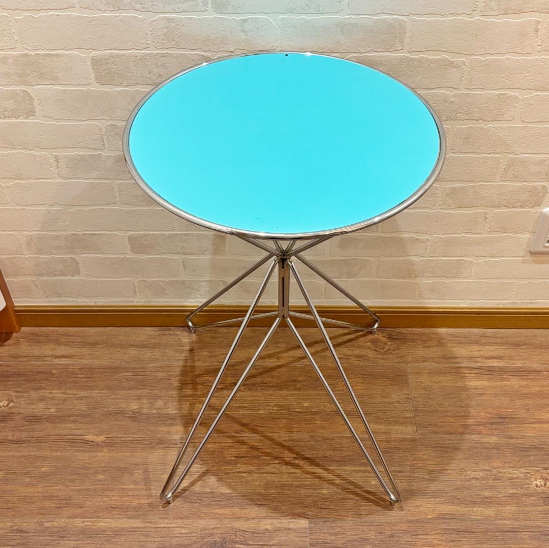 昭和レトロ オシャレ 水色円形サイドテーブル