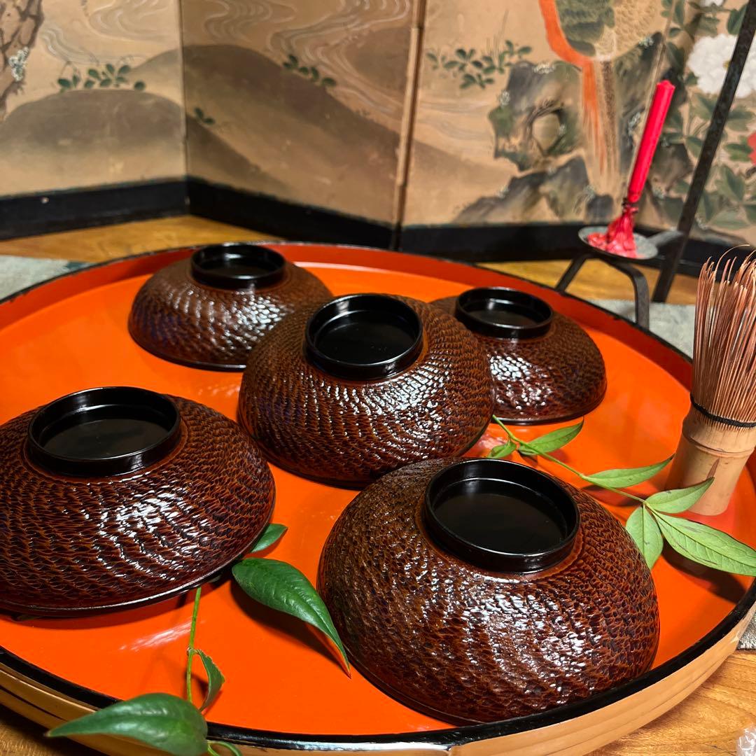 A1029 木製輪島塗　富士月　闇蒔絵　流水に亀蒔絵　吸い物庵5客