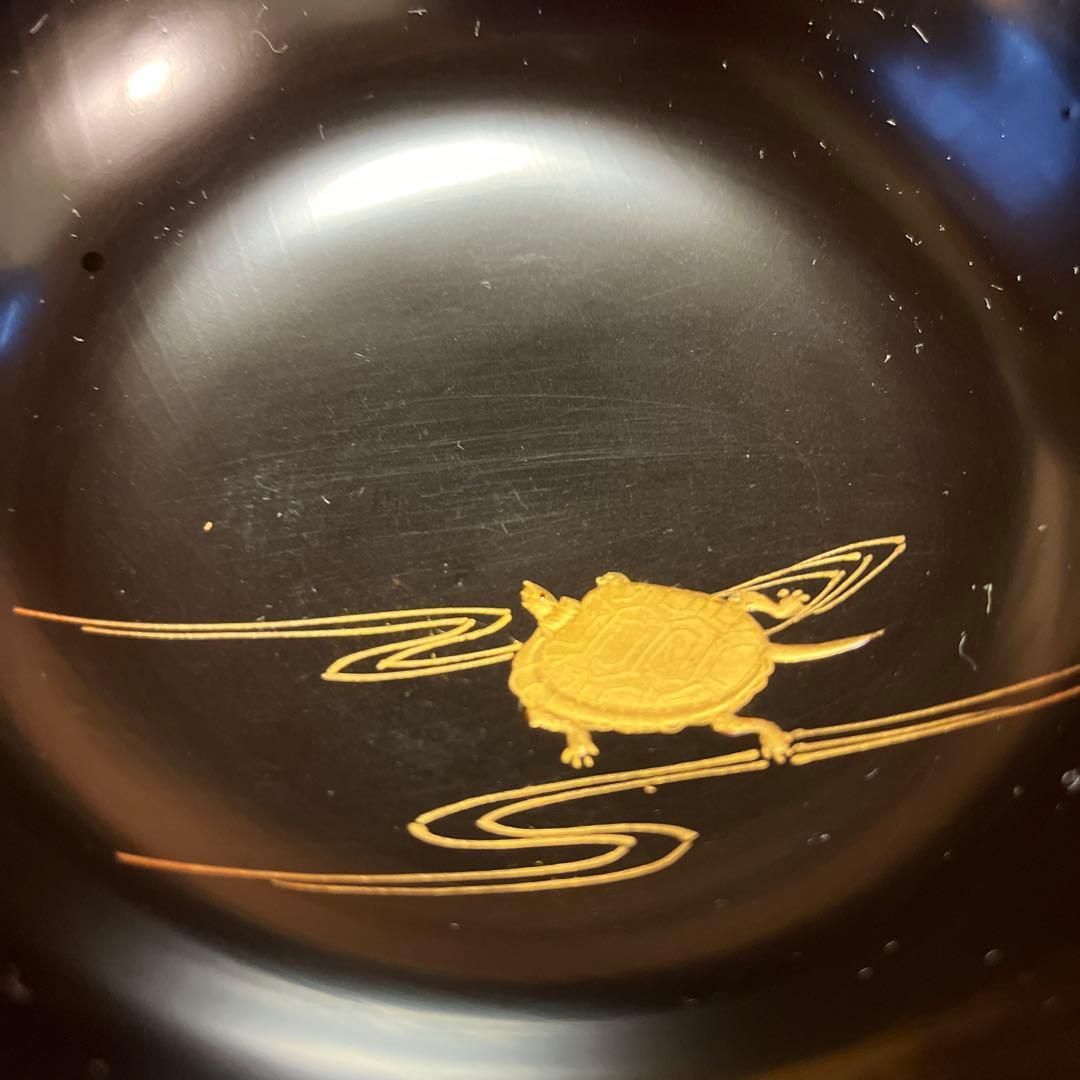 A1029 木製輪島塗　富士月　闇蒔絵　流水に亀蒔絵　吸い物庵5客