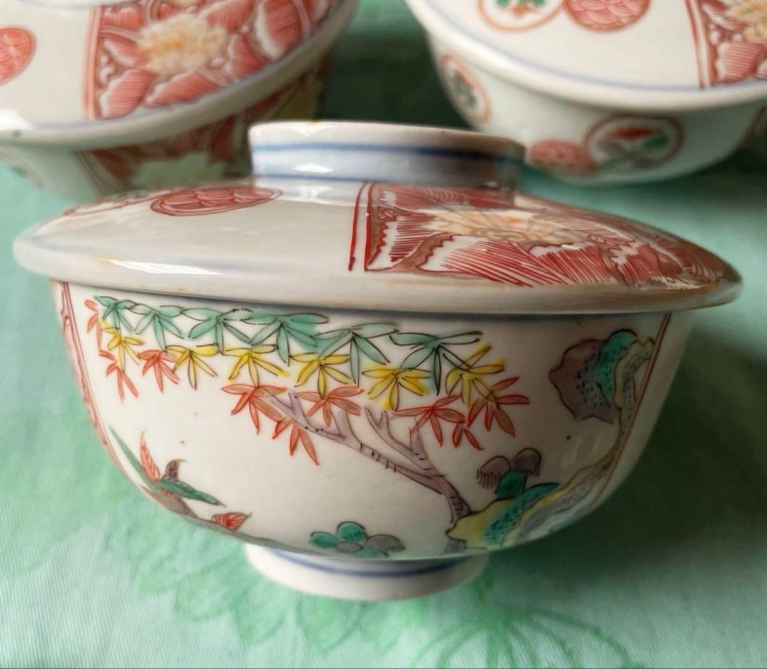 伊万里焼　色絵　金彩　染付　吉祥文様　蓋付き茶碗　3客