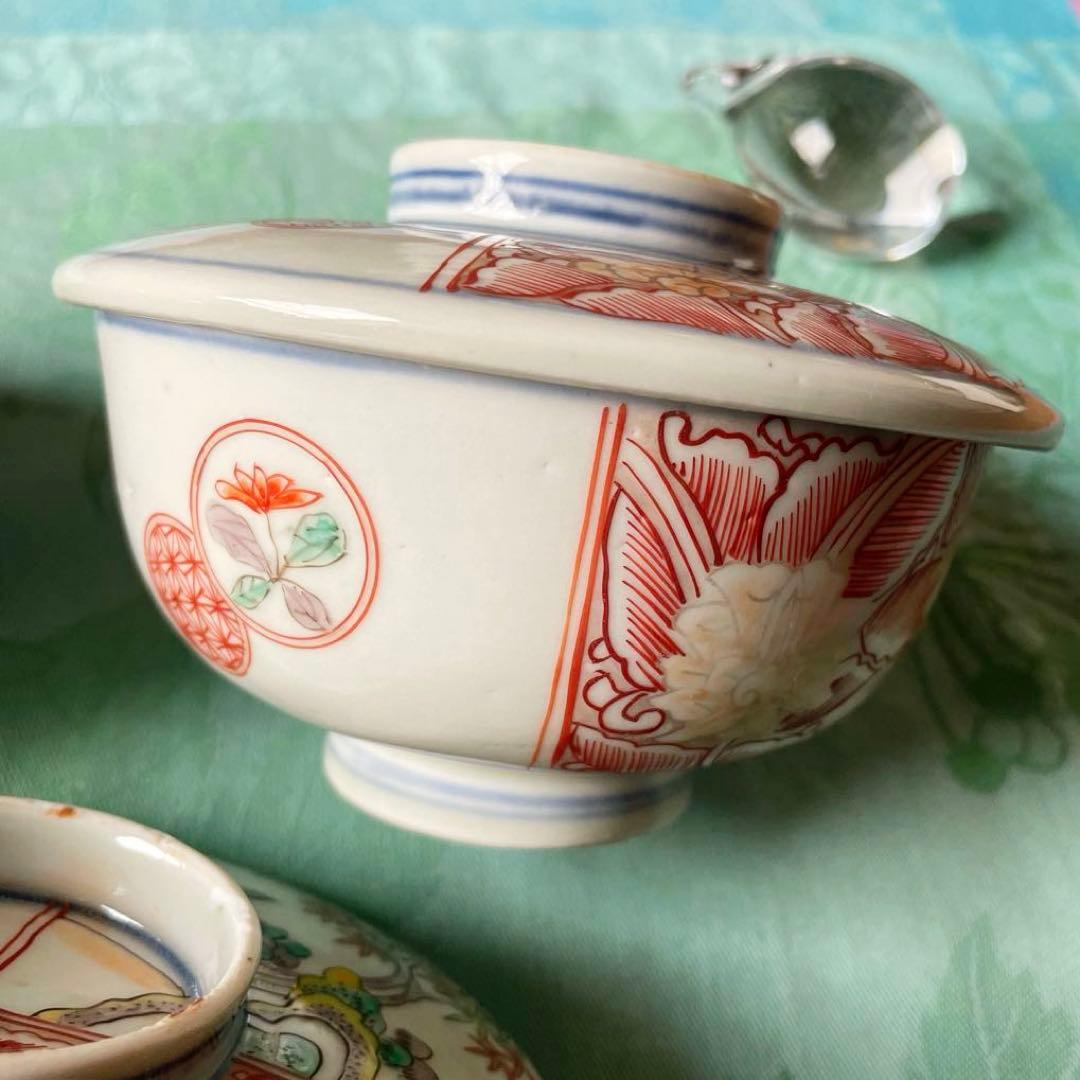 伊万里焼　色絵　金彩　染付　吉祥文様　蓋付き茶碗　3客