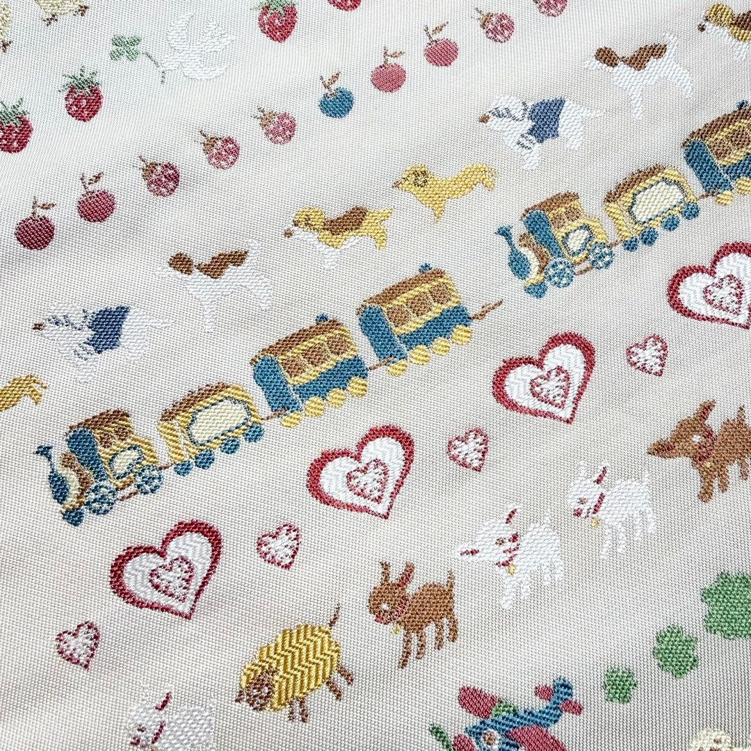 m-48 汽車 乗り物 動物 犬 ハート 苺 名古屋帯 正絹