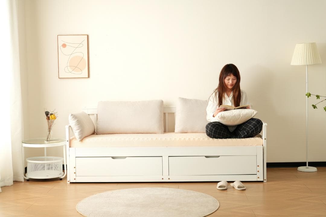 赤字セール！ソファベッド ディベッド 伸長式ベッド 木製 引出付き　WHITE