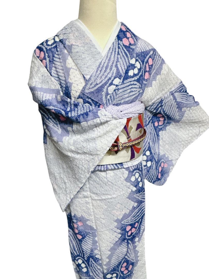 A57美品　有松鳴海絞り 高級浴衣 花 綿　敷当付き　手縫い