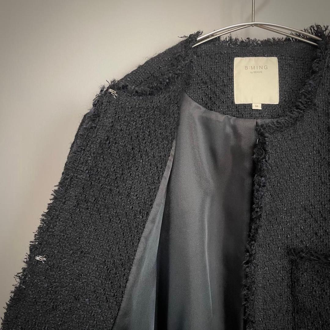 B:MING by BEAMS　ツイード M 黒 ノーカラ- フリンジ 金ボタン