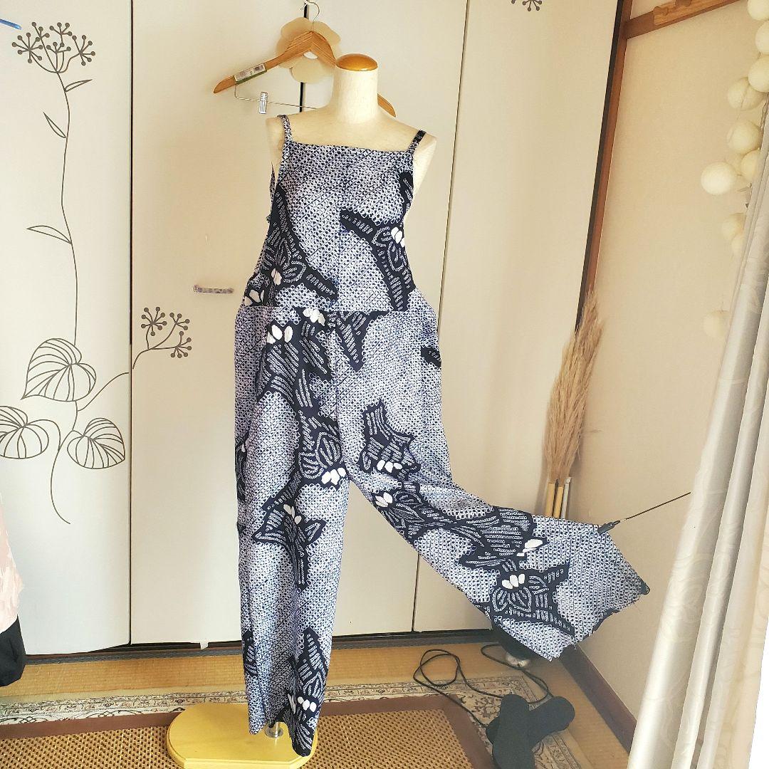 有松絞り浴衣リメイク　サロペット、オールインワン、有松鳴海絞り浴衣よりリメイク