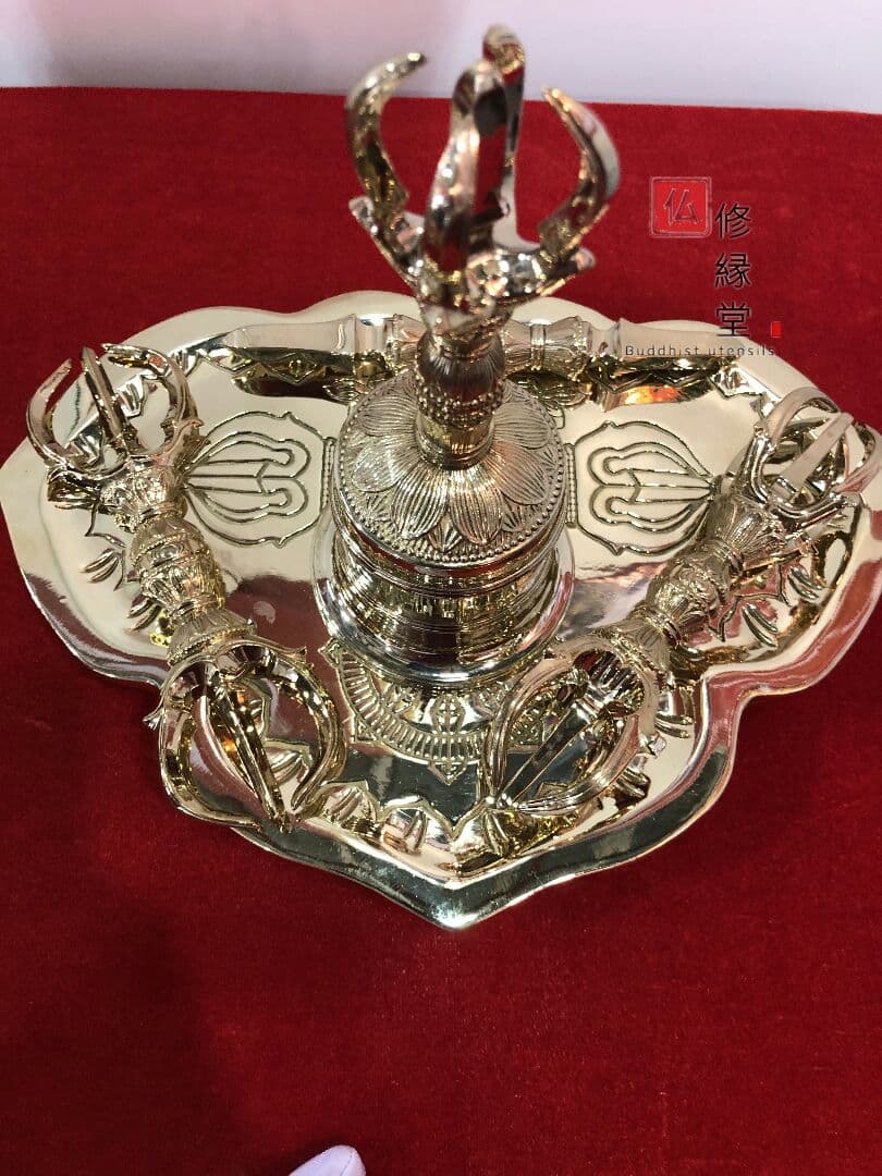 密教法具 真言宗 法器セット（大）金剛鈴·金剛盤·独鈷杵·三鈷杵·五鈷杵 真鍮製