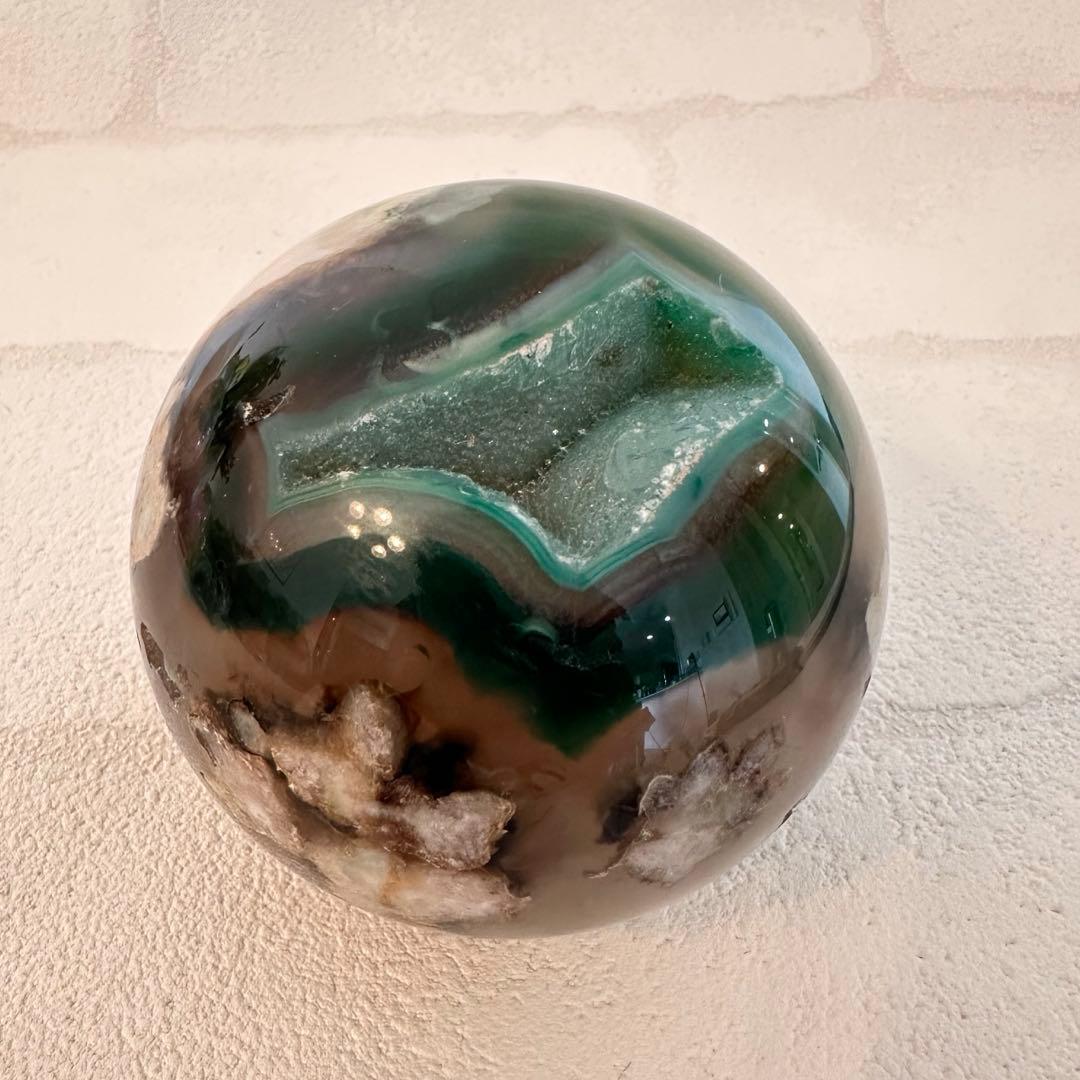 希少　グリーンフラワーアゲート　スフィア　大きめサイズ　丸玉　天然石