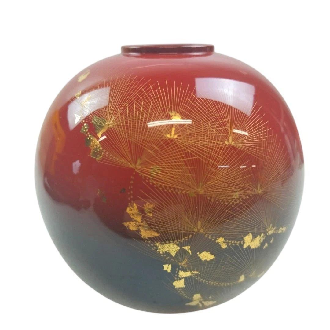 花器　輪島塗　漆器　黒朱ぼかし　朱黒松沈金　木箱　伝統工芸