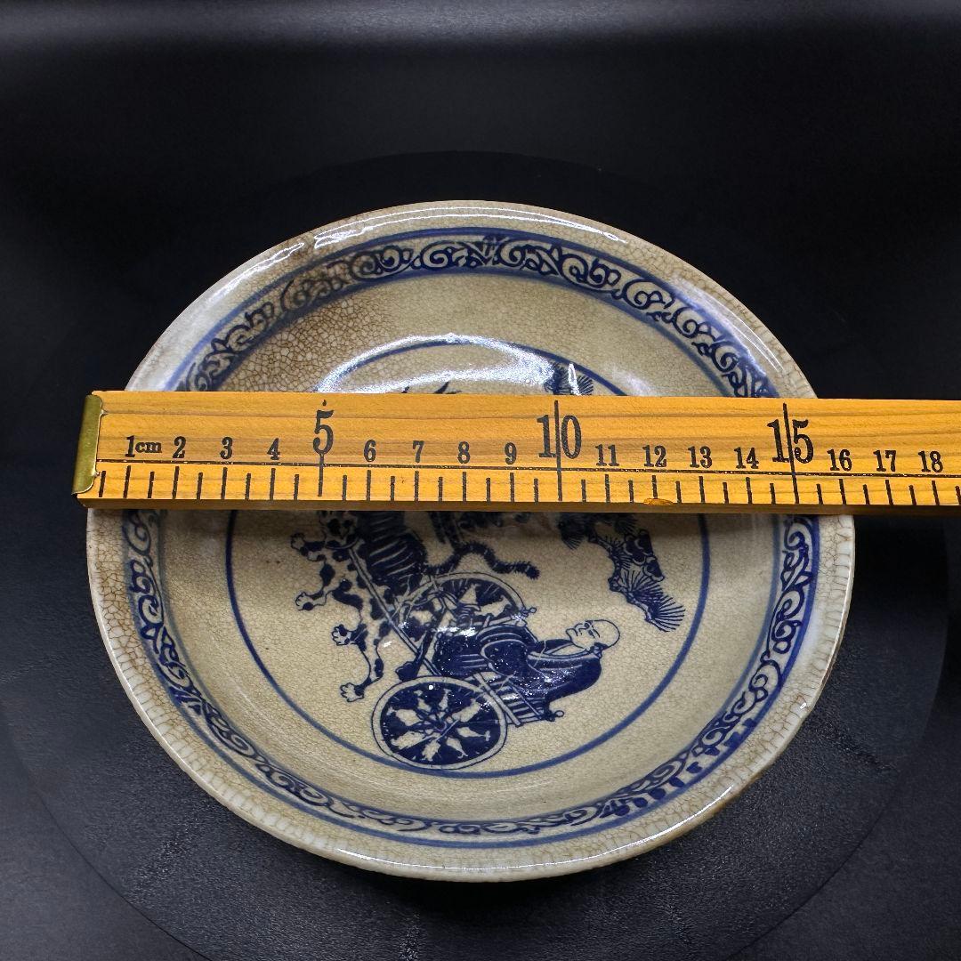 R113 アンティークアンティーク磁器 青花開片 鬼谷子下山 図紋洗賞皿