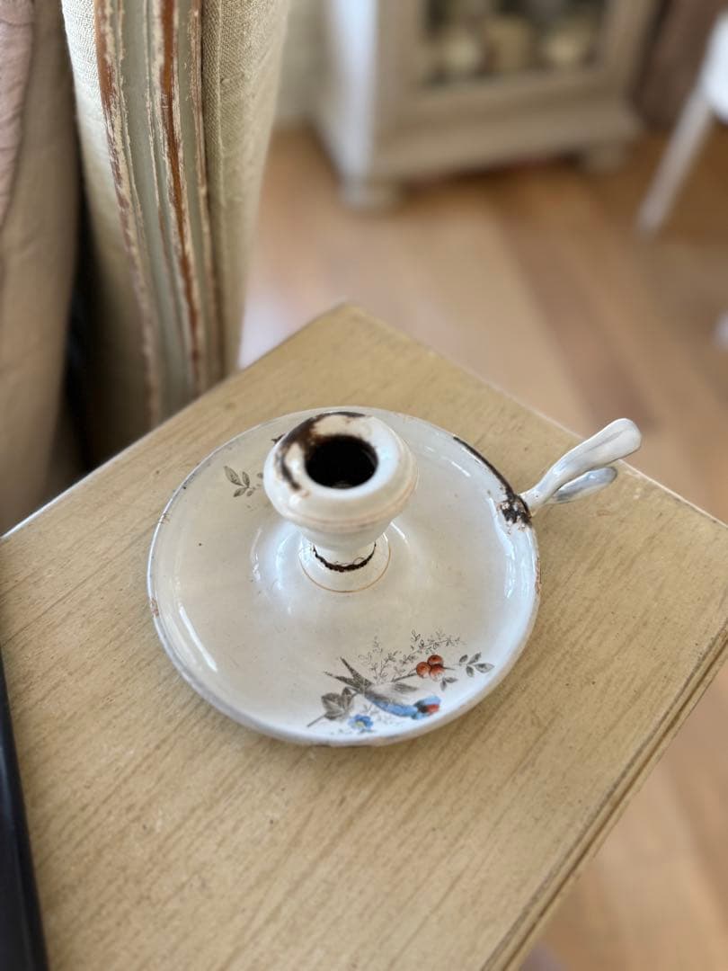 激レアフランスアンティーク花とツバメのハンドペイントのホーローキャンドルホルダー