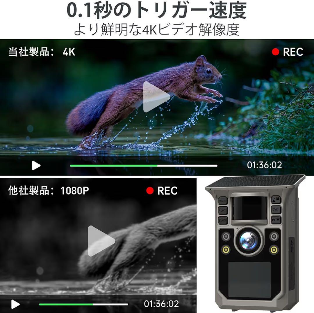 トレイルカメラ ソーラー式 スマホ遠隔操作 IP67防水 動物観察 防犯カメラ