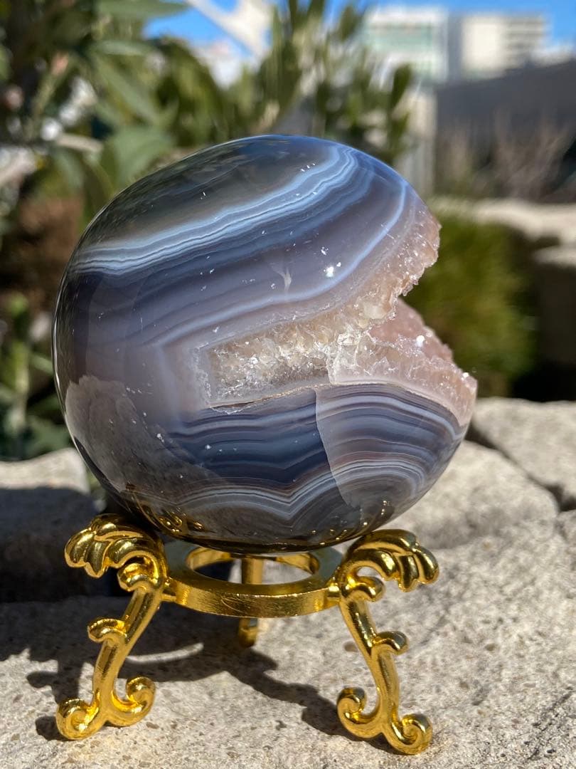 【開運・来福】希少！ピンクアメジスト笑口⭐2回結晶・周りブルーレース瑪瑙⭐RM2